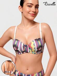 Women's Colorful Geometric Print Push Up Bra Boho Fixed Straps Deep V Balconette Sexy Y2K Lingerie - White - View 2