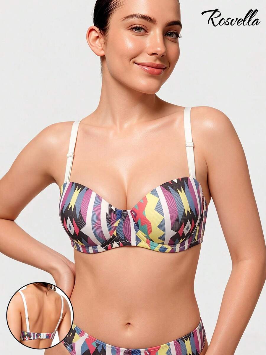 Women's Colorful Geometric Print Push Up Bra Boho Fixed Straps Deep V Balconette Sexy Y2K Lingerie