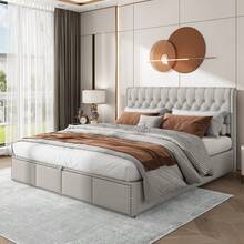 Upholstered Bed,King Size Bed,With Hydraulic Lever, Functional Storage Bed, Rivet Decoration, Without Mattress, Linen - LIGHT GREY + Linen + 150cm*200cm - View 2