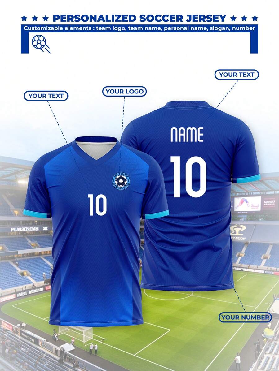 Jersey Tim Sepak Bola Liga Kustom Musim 2026-27, Logo, Nomor, Nama Tim, dan Nama Pemain yang Dapat Disesuaikan - Biru - View 1