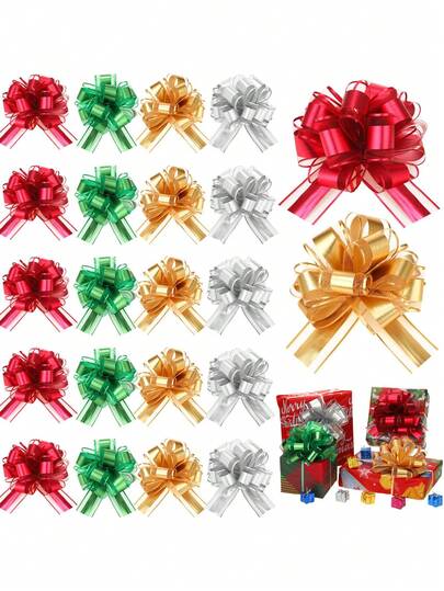 8pcs Pull Bow Ribbon Bows For Xmas Gift Wrapping Ribbon Bows, Christmas Gift Wrap Bows, Red Green Gold Silver, Large Christmas Pull Bows Ribbons, Packaging Accessories, Used For Gift Baskets, Holidays, Valentine's Day, Wedding Party Decoration, Reusable Birthday Ribbon Bows, Gift Boxes, Christmas Decorations, Birthday Party Gifts, Christmas Gifts, Christmas Party Supplies