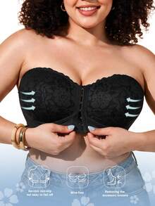 1pc Women's Plus Size Bandeau Bra, Lace Cup, Ruched Design, Front Buckle Invisible Strap Bandeau Bra, Comfortable Lift, Seamless Fit - Black - View 3