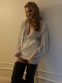 Top Dazzle Sexy & Elegant White Polka Dot Ruched Bodycon Dress With Deep V Neck & Long Sleeves, Perfect For Nights Out - White - View 10