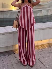 DORISS 夏季度假風掛脖條紋兩件式套裝，不對稱下擺旅行休閒穿搭，適合旅行與下午茶的優雅街頭風 - 粉色 - 查看 3