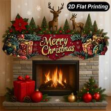 1PC 2D Flat Christmas Merry Christmas Table Runner, Vintage Red Background Gift Box & Pine Branch Holiday Photography Decor, Holiday Family Gathering Atmosphere Decoration, Home Desktop Art Decor, Garden Outdoor Decor, Indoor & Outdoor, Polyester - Multicolor - View 1