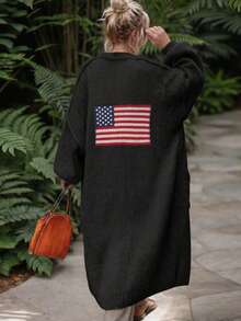 Cardigan Rajut Panjang Ukuran Plus Wanita, Sweater Lengan Panjang Leher V dengan Bahu Longgar, Cocok untuk Dipakai di Musim Gugur/Musim Dingin - Hitam - View 3