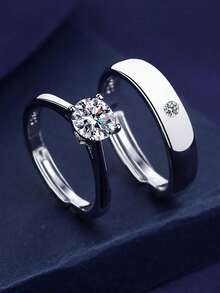 2pcs/Set Stylish Minimalist Couple Rings, Copper With Zirconia, Adjustable Size - Silver - View 2