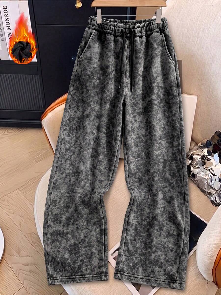 Women's Winter Loose Casual Washed Distressed Drawstring Pocket Long Pants - Black - View 1