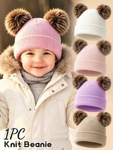 1PC Kids Solid Color Double Pom Pom Basic Cuffed Knit Hat, Multiple Color Options For Fashion Matching, Soft And Elastic Suitable For Autumn/Winter Multiple Occasions, Fits Both Boys And Girls - Multicolor - View 2