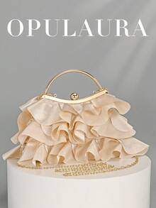 OpulAura 女款優雅迷人花瓣宴會手拿包，荷葉邊設計晚禮服手提包，適合新娘 - 杏色 - 查看 1