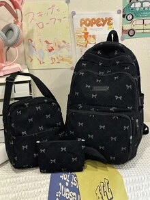 3Pcs Bow Print Corduroy Backpack Set, Large Capacity Student School Backpack With Crossbody Bag & Pencil Pouch For Teen - Multicolor - View 15