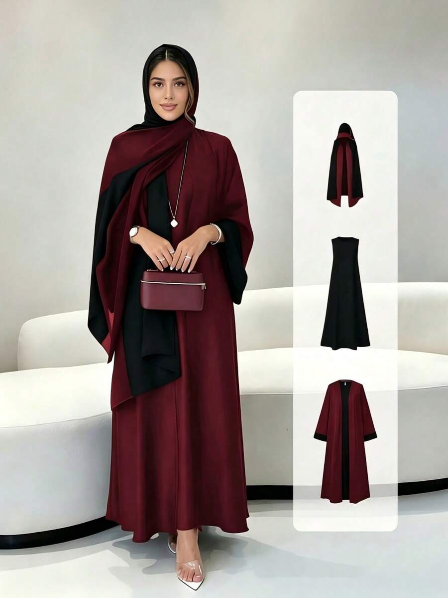 3-Piece Set Elegant Solid Color Middle Eastern Long Sleeve Open Front Robe + Vest Dress + Matching Hijab Set, Robe With Hijab 3-Piece Set, Arabic Clothing - Red and Black - View 1