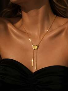VceTd1PCS Elegant Cute Butterfly Decorated With Tassel Pendant Design Stainless Steel Y-Shaped Necklace For Women, Suitable For Daily Wear, Party Or Gift - Golden - View 1