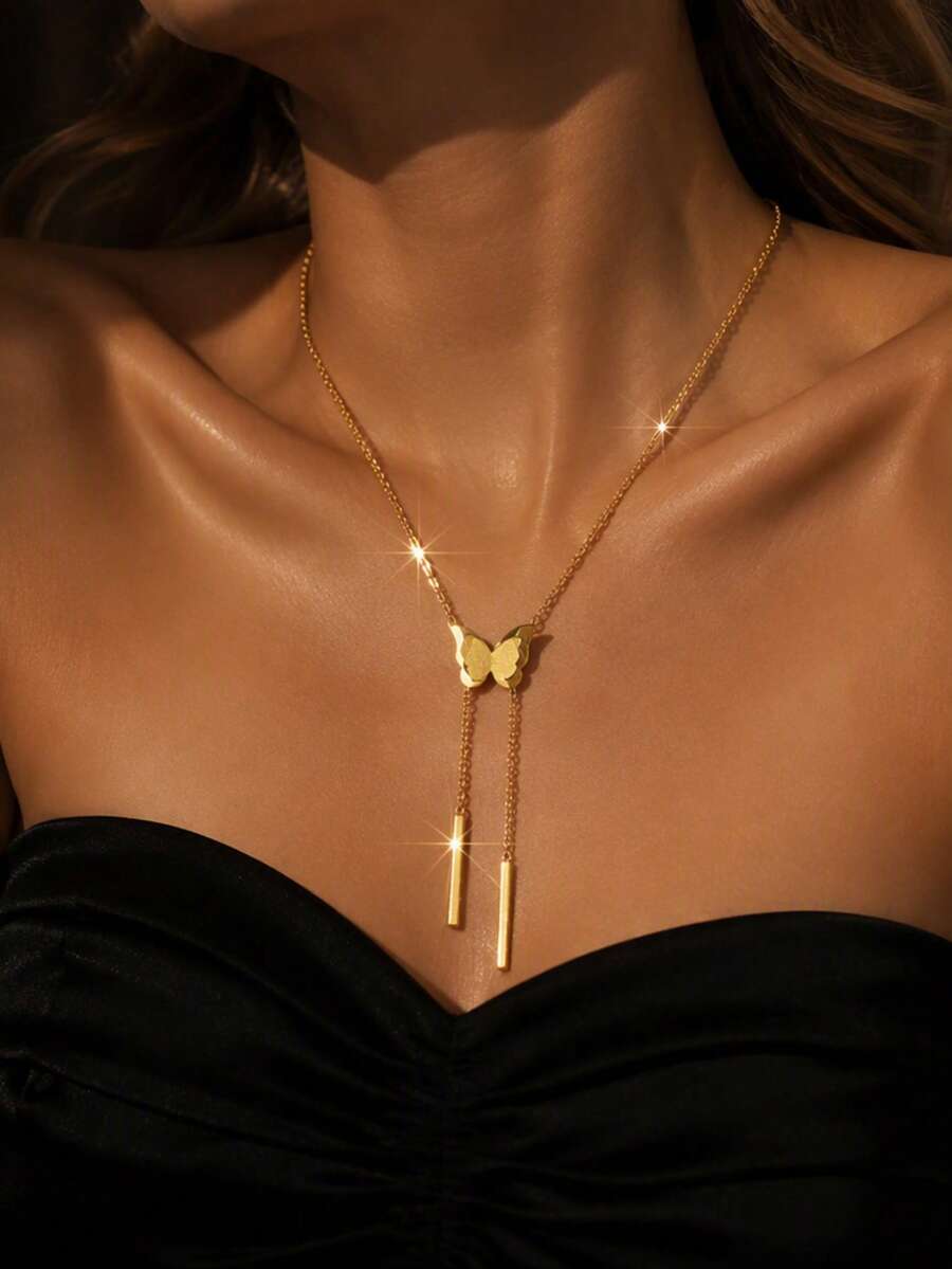 VceTd1PCS Elegant Cute Butterfly Decorated With Tassel Pendant Design Stainless Steel Y-Shaped Necklace For Women, Suitable For Daily Wear, Party Or Gift - Golden - View 1