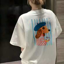 High‑End Casual Cotton Ladies T‑Shirt, Chic Cartoon Pet Striped Motif Back Print, Short Sleeve Tee For Holiday Travel Casual Gathering - White - View 2
