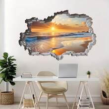 1PC 2D Realistic Broken Wall Beach Sunset Wall Sticker, Living Room Bedroom Ocean Landscape Self-Adhesive Decorative Decal - Multicolor - View 2