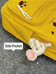 PC Cartoon Bear Pattern Corduroy Backpack, Sweet Casual Style, Top Handle Side Pockets, Lightweight And Durable, Suitable For School, Daily Shopping And Short Trips - Multicolor - View 9