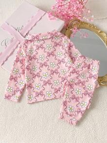 Baby Girl Gentle Style Ditsy Floral Pajama Set, Daisy & Bow Full Print Blazer Collar Button Front Long Sleeve Top + Straight Leg Pants, Soft Skin-Friendly Sleepwear 2 Pieces Set, 2026 Spring/Autumn New Fashion - Baby Pink - View 2