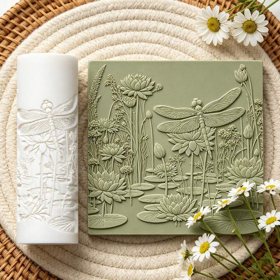 1Pc Water Lily Dragonfly Texture Roller, Pond Plant Pattern Clay Embossing Roller, DIY Handmade Earring Pendant Jewelry Craft Supplies
