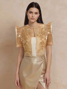 蝴蝶袖 Filipiniana 風格女款優雅花瓣袖亮片圖案短袖上衣 - 金色 - 查看 7