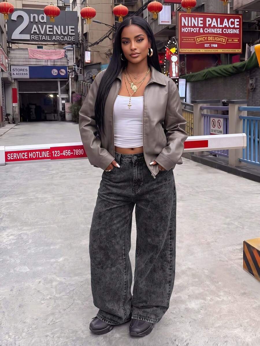 Low Waist Wide Leg Casual Blue Ripped Slant Pocket Curved Hem Women Jeans, Autumn Black - Black - View 1