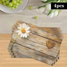 1/4/6pcs Autumn Series Daisy Heart Wood Grain Pattern Printed Placemats, Heat-Resistant Table Mat For Home Kitchen/Dining Table Protection, Kitchen Table Party Scene Decoration - Multicolor - View 16