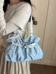 Tote Bag With Fresh Polka Dot Print, Textured Pleated Body, Pearl Lace Bow Pendant, Belt Buckle Gathered Design, Ruffle Hem, Suitable For Carrying Small Personal Items, Ideal For Daily Work, Commute, Campus, Short Trips - Blue - View 6