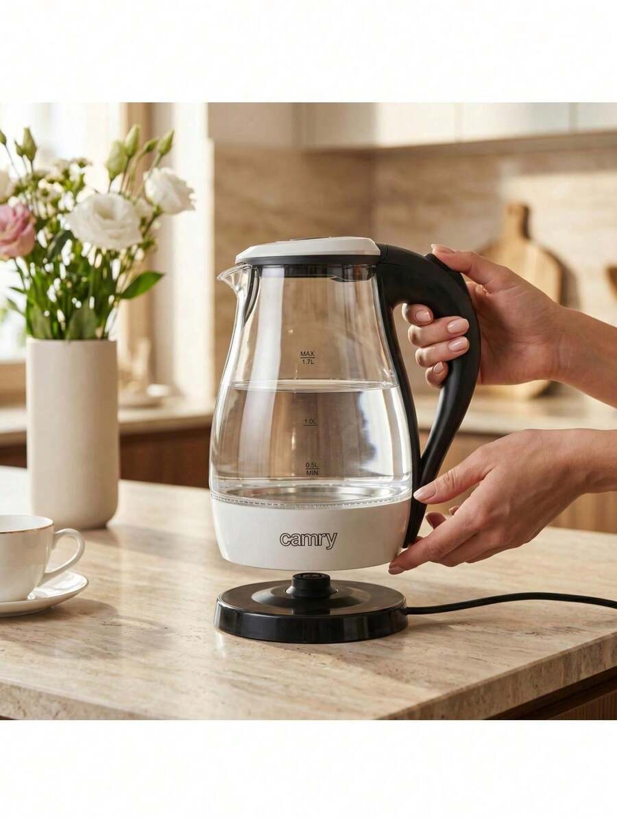 CAMRY Glass Electric Kettle, Glass Tea Kettle, 1.7L Water Kettle - LED Illumination, Boil-Dry Protection, Auto Shut-Off, White - EU E Type Plug(220-240V) - View 1