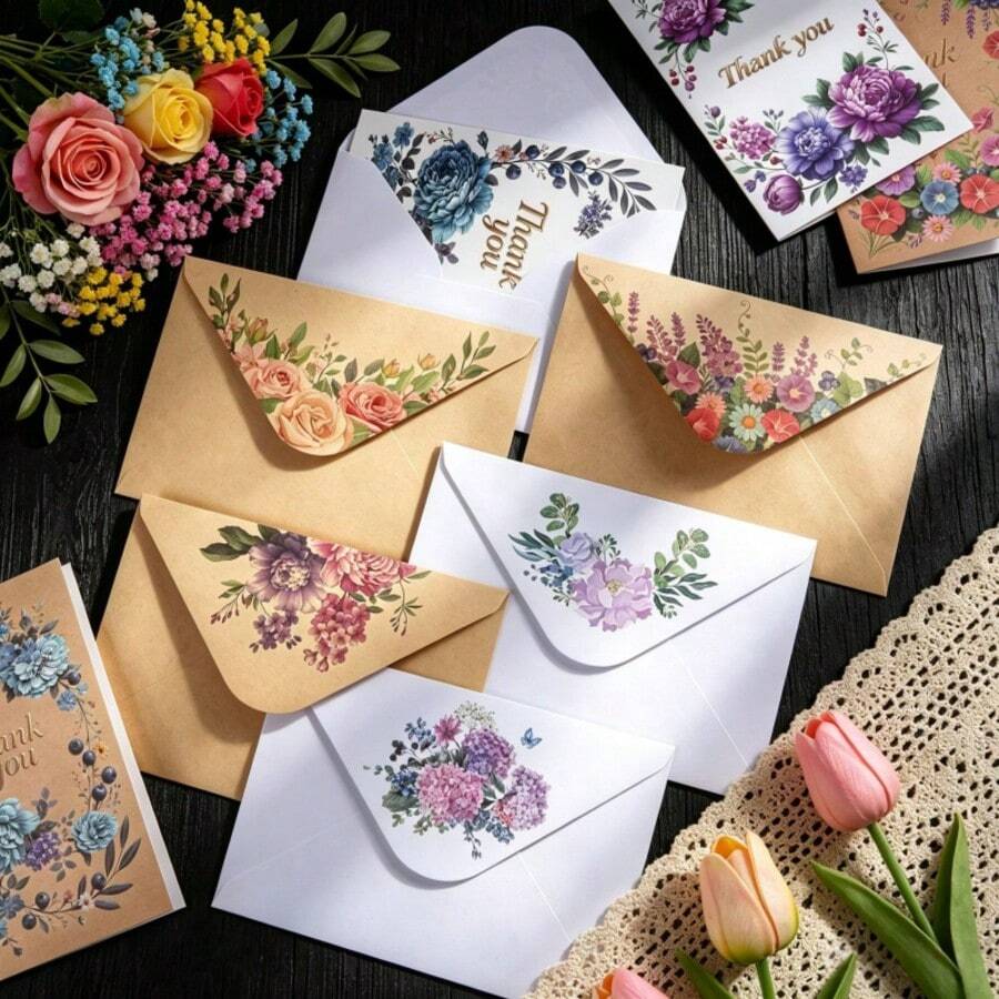 20pcs Vintage Floral Print Kraft Paper Envelope Set, Rustic Flower Pattern Greeting Cards Envelopes For Thank You Notes Wedding Invitation Birthday Party DIY Craft Stationery Supplies - View 1