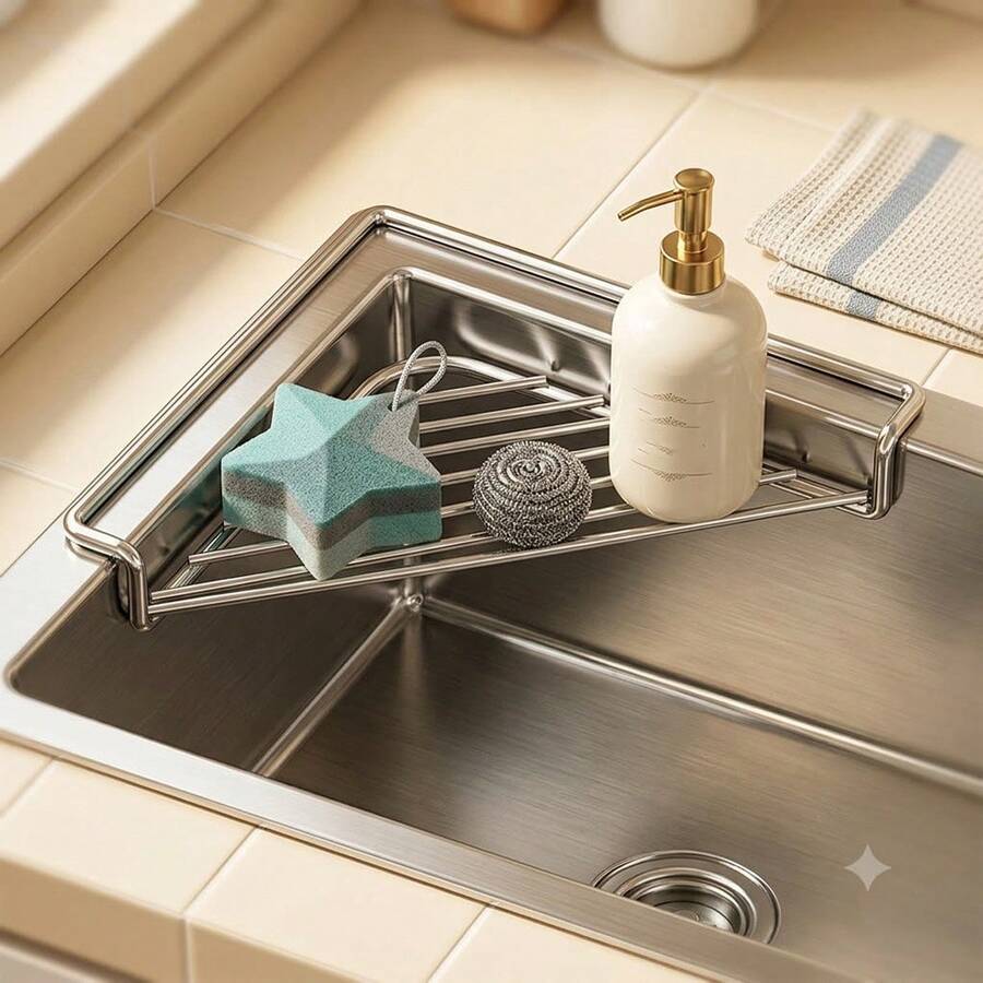 1pc Corner Sink Organizer Rack, Heavy Duty Stainless Steel Sink Drying Rack, Dish Cloth And Sponge Drying Rack, Space-Saving Triangular Kitchen Sponge Cloth Holder, Suitable For Dish Soap, Cleaning Brush, Draining Countertop - One Size Fits All - View 1