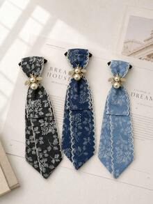 1pc Women's Plant Floral Bee Decor Shirt Collar Accessory, Denim Collar Tie - Multicolor - View 8
