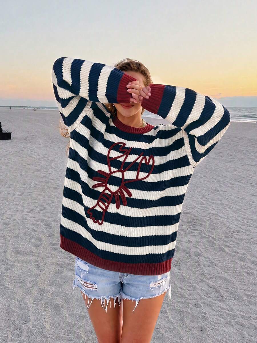 Women's Preppy Striped Lobster Pullover Sweater, Long Sleeve Regular Fit Crew Neck Knit Top - Multicolor - View 1