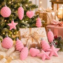 10Pcs Flocked Ornaments For Christmas Tree Holiday Hanging Decorations - Pink - View 1