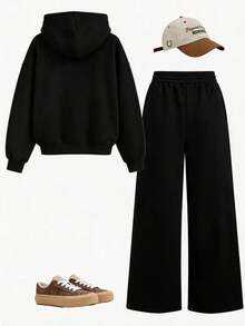 Teen Girls Street Fashion Letter Print Hoodie + Casual Pants 2pcs Set, Autumn Winter Outfit, Campus Style, Homecoming Look - Black - View 5