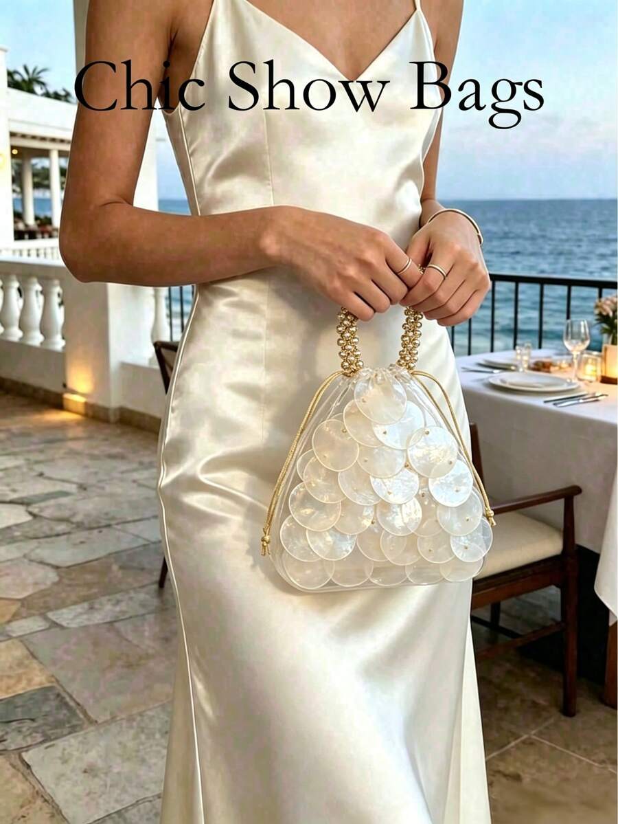 Women's Evening Clutch Bag, Triangular Bucket Shape, Shell Pattern, Natural Shell Material, Gold Beaded Handle, Bohemian Luxury Style, Suitable For Wedding Party Summer Women