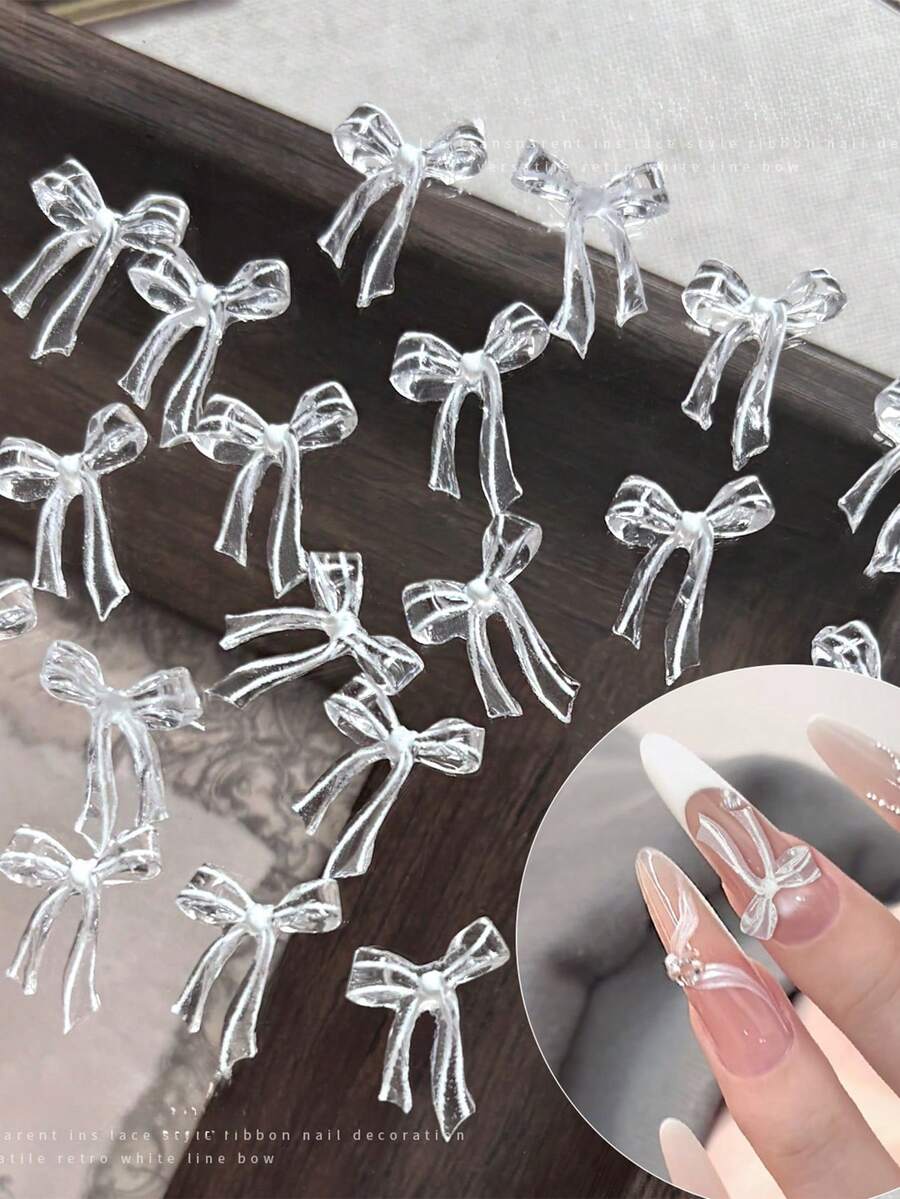 50pcs Transparent Long Ribbon Bows Nail Art Decorations Popular Bowknot Resin Rhinestone DIY Wearable Nail Accessories Organza Bows - Multicolor - View 1