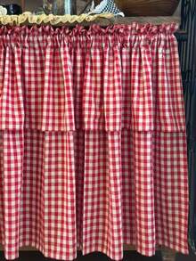 1pc Red Plaid Short Curtain Korean Vintage Style Half-Length Window Curtain Cabinet Curtain Bathroom Small Window Curtain - Multicolor - View 2