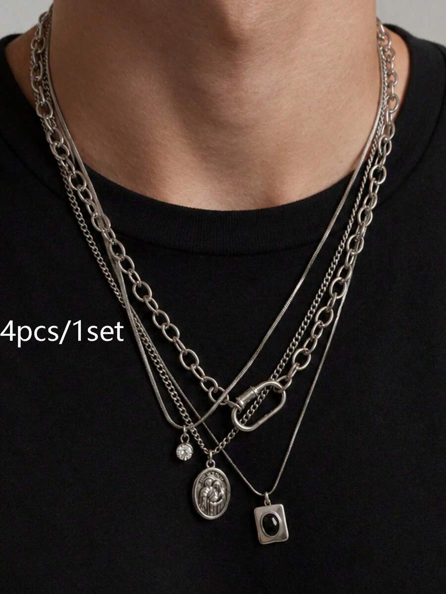 4pcs Men's Necklace Set, Silver Metal, Thick & Thin Chain Geometric Pendant Inlaid With CZ, Hip-Hop Personalized Versatile Necklace Suitable For Party & Gathering Outfits - Silver - View 1