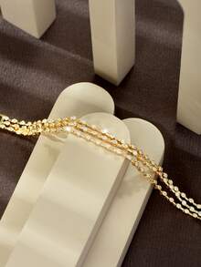 1pc Delicate Heavy-Duty Style Oval Bezel-Set Zirconia Layered Spliced Gold Thin Bracelet, Bridal Accessory, Holiday Gift, Party Wear - Gold - View 3