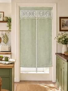 1pc Boho Style Linen Door Curtain With Lace Valance - Exquisite Floral Crocheted Lace Valance, Farmhouse Style Linen Room Divider Curtain For Bathroom Laundry Kitchen Bedroom Entrance - Green - View 11