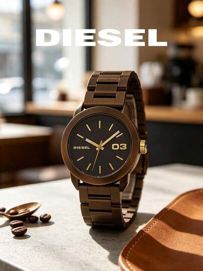 Diesel 38mm 磨砂棕色樹脂女款三針手錶，黑色極簡錶盤，金色條形刻度，大錶盤 DZ5261