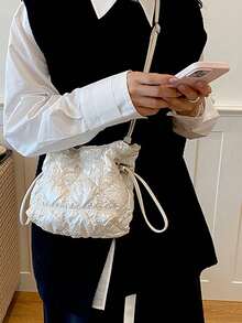 Women's Ruched Textured Bucket Bag With Adjustable Thin Strap, Loose Multi-Compartment Storage, Drawstring Closure, Niche Style, Versatile Crossbody Shoulder Bag For Daily Wear, Dating, Party, Travel, Shopping And Casual Outings - White - View 4