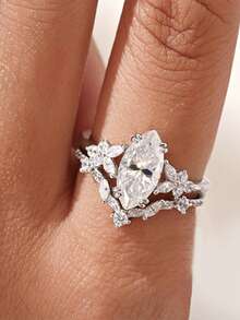 S925 Engagement Ring Set, Double-Ring Set For Women's Wedding Rings, Wedding Ring Jewelry For Love Anniversary Gift For Brides - Silver - View 5