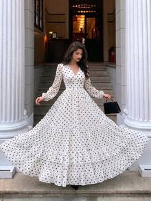 Gaun Wanita Baru Elegan Lengan Panjang dengan Hiasan Ruffle di Bagian Bawah dan Desain Patchwork Motif Polkadot Mewah Warna Putih - Putih - View 1