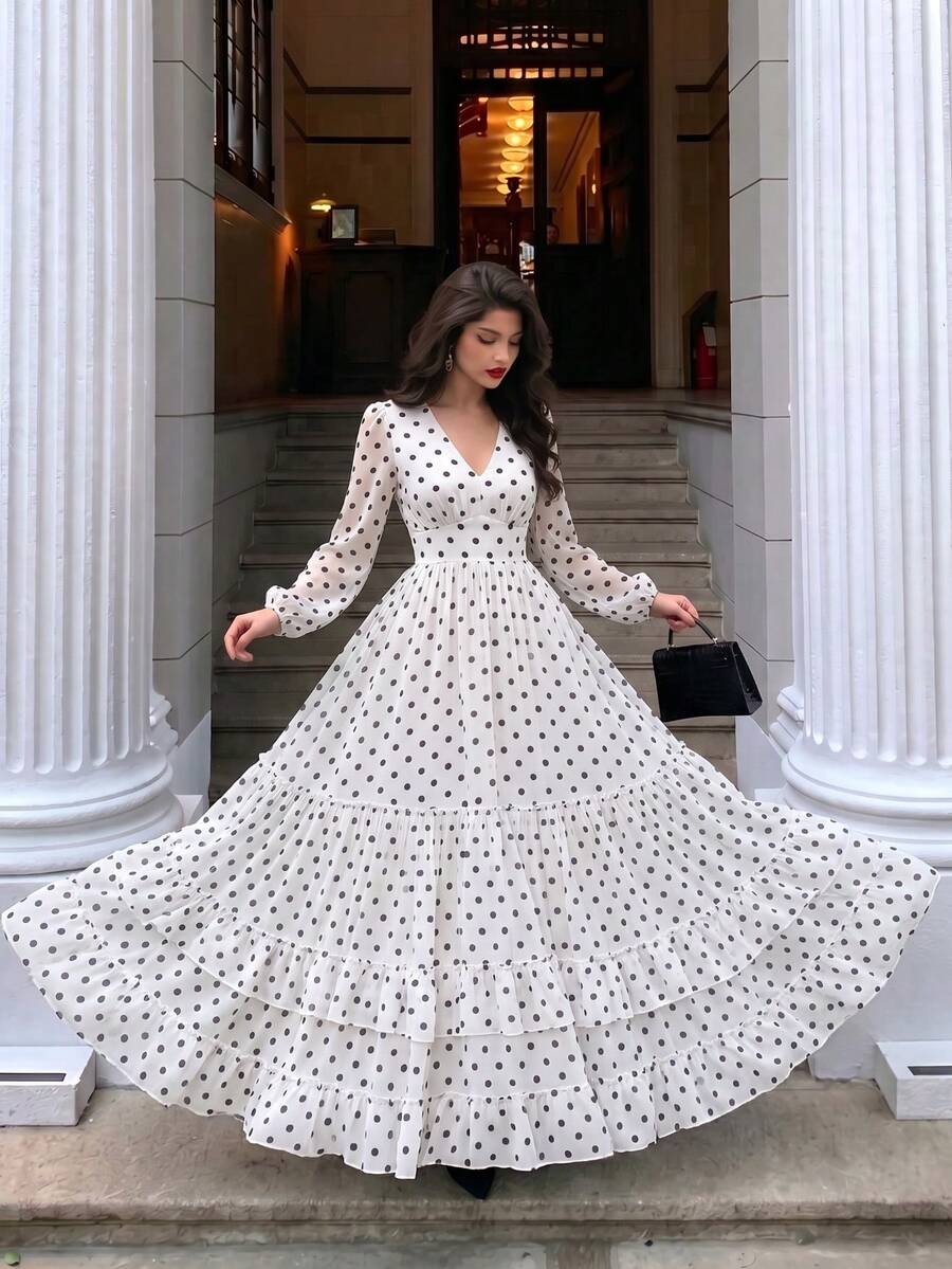 Gaun Wanita Baru Elegan Lengan Panjang dengan Hiasan Ruffle di Bagian Bawah dan Desain Patchwork Motif Polkadot Mewah Warna Putih - Putih - View 1
