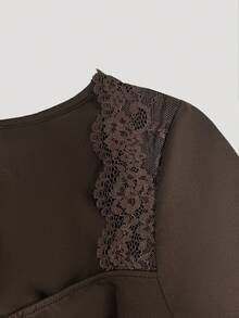 Women's Early Autumn Lace Patchwork Square Neck Front Ruched Drawstring Flare Sleeve Fitted Asymmetrical Hem Waist-Cinched Vintage Y2K Style Coffee Brown T-Shirt - Brown - View 6