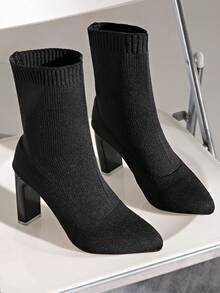 Women's Solid Color Fashion Woven Chunky Heel Ankle Boots For Outdoor And Indoor Wear In Autumn/Winter - Black - View 15