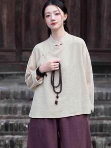 LUCIDVUE 1pc Women's Tang Suit Top Spring Summer Vintage Asymmetrical Collar Linen Shirt Hanfu Asymmetrical White Tea Ceremony Thin Outerwear Casual - Apricot - View 4