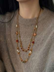 1pc Double Layer Vintage Long Necklace, Gold & Multicolor Beads Collarbone Chain, Suitable For Autumn/Winter Sweater Matching - Multicolor - View 4