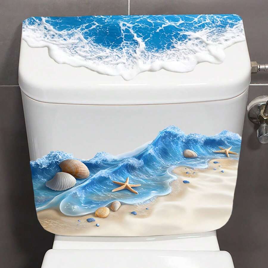 1pc 2D Beach Wave Pattern Toilet Wall Sticker, Bathroom Restroom Partial Decoration Waterproof Decal - Multicolor - View 1